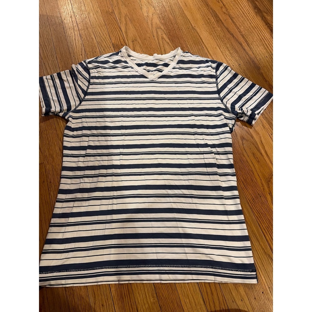 Lululemon Mens V-Neck Striped Short Sleeve Athletic Tee Navy White Stripe